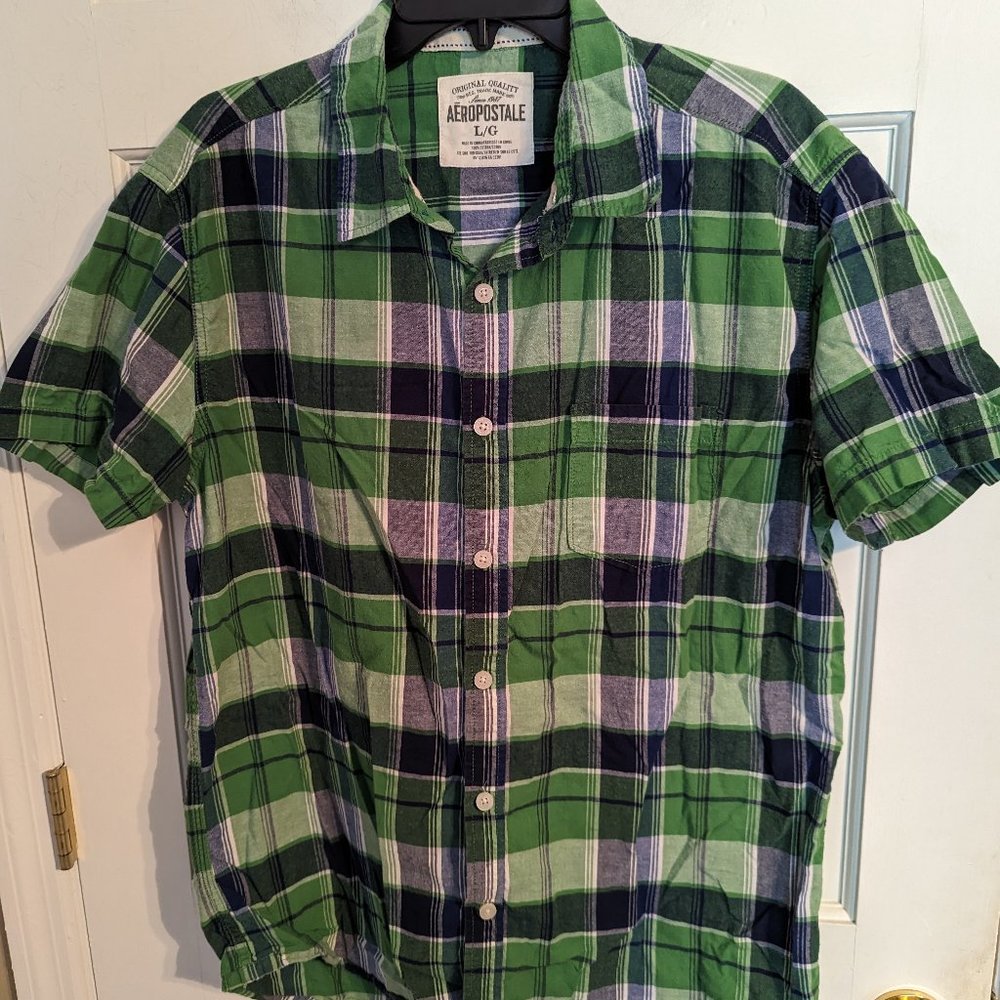Men's Aeropostale Green & Black Checked Button Down Shirt Short Sleeves sz L